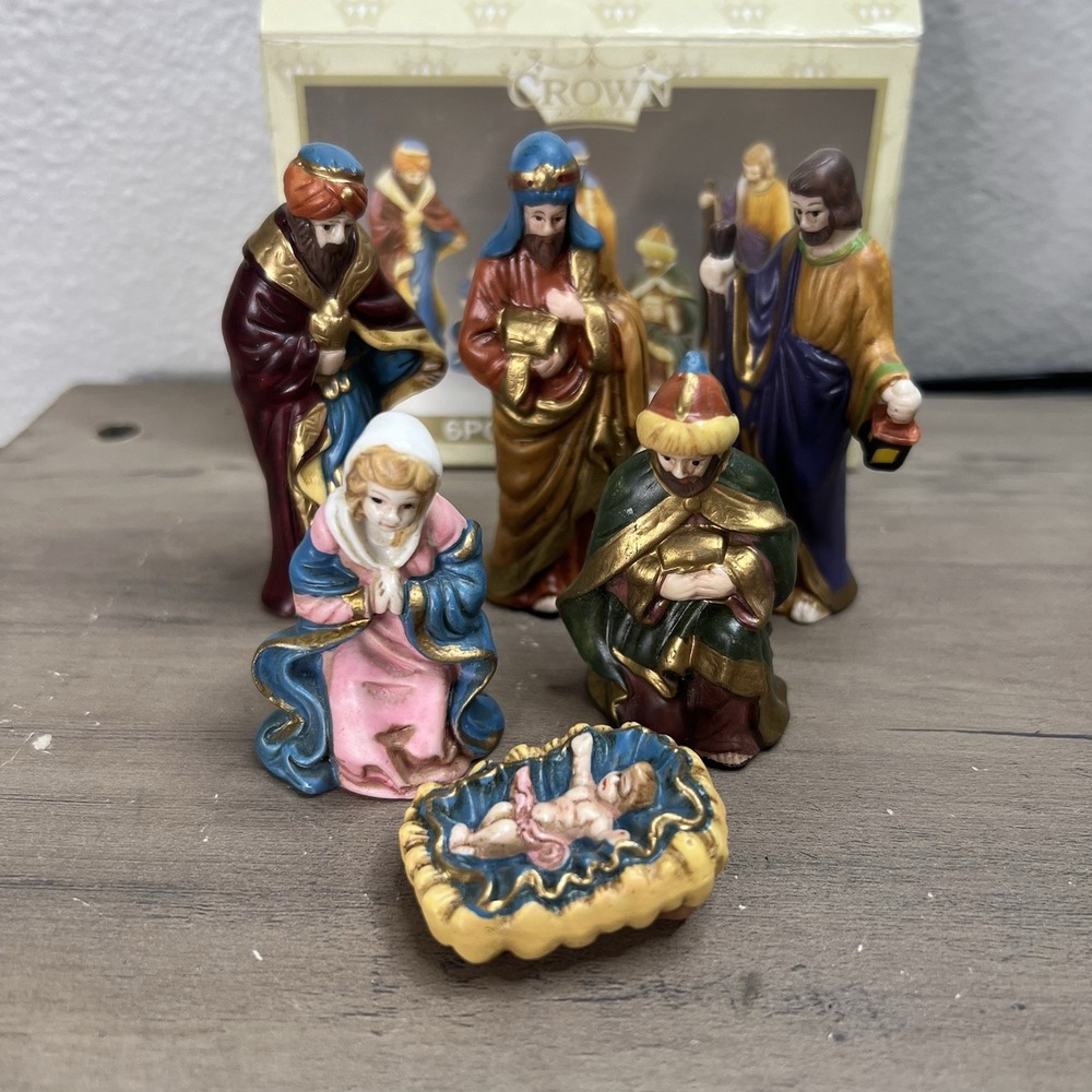 Vintage 1999 6‎ Pc Nativity Set by Crown Accents in Box Porcelain World Bazaars